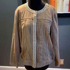Chico’s tan studded accent, embroidered detail lined jean jacket style jacket.
